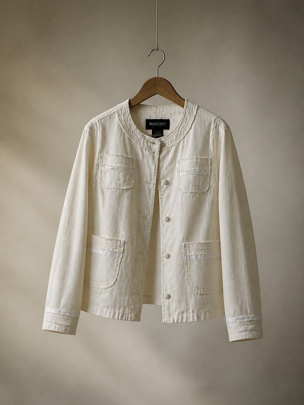 Brandon Thomas 100% Cotton Collarless Utility Blazer in Cream